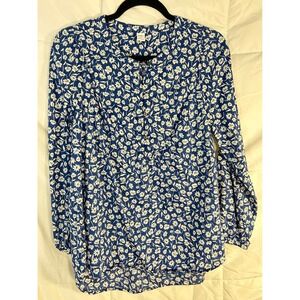 Old Navy Womens XS Blue Floral Long Sleeve Bib Tunic‎ Top Cotton Modal